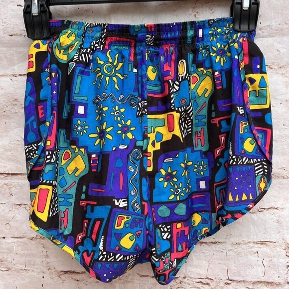 𝅺reebok 90 s Short Shorts Mens Size Small Multicolor Funky Geometric Elastic - Picture 2 of 5